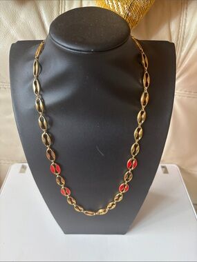 Givenchy Gold-Tone Necklace with Red Enamel Oval Accents